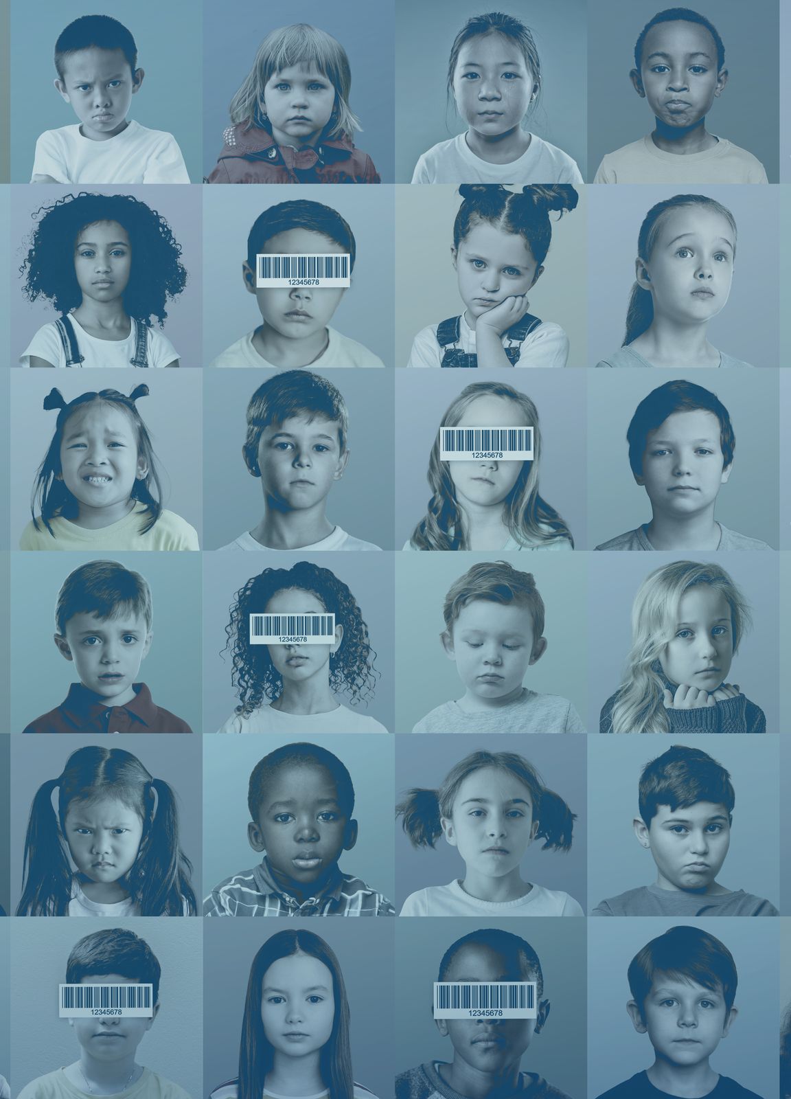 A grid of children's portraits, a few with their eyes obscured by barcodes.